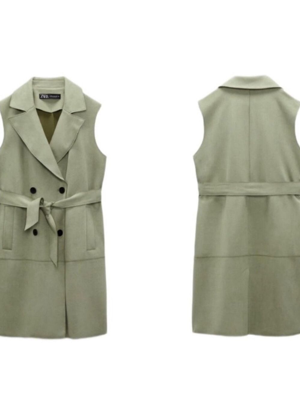 Zara belted faux suede sleeveless double breasted vest jacket dusty green XS